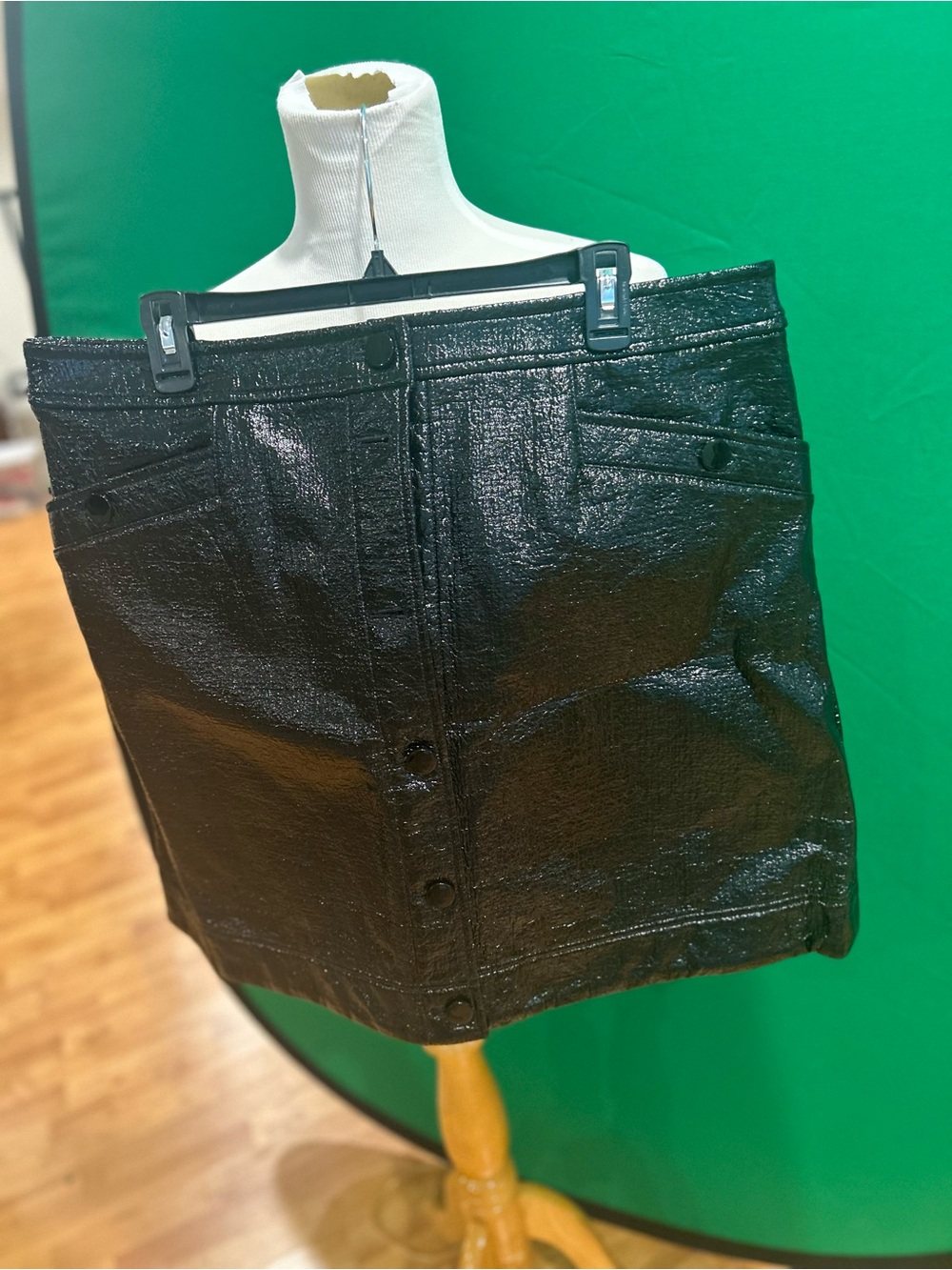 Etcetera Black Mini Skirt - Shiny Button-Front